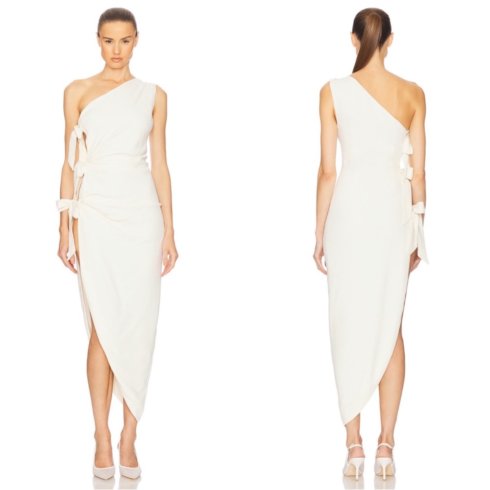HELSA Seline One Shoulder Bow Cutout Side Tie Asymmetric White Midi Dress Sz S